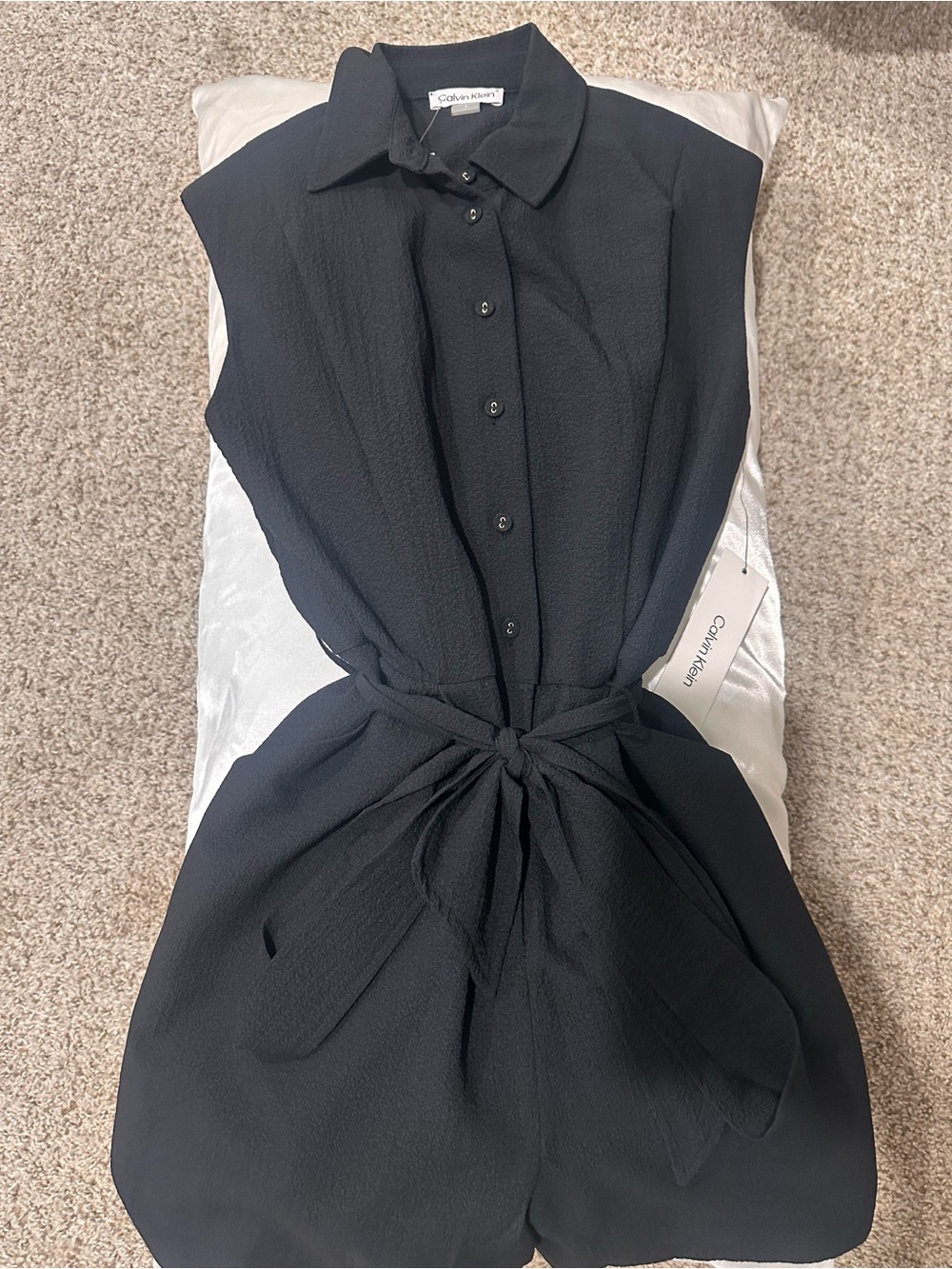 Calvin Klein Black Sleeveless Button-Front Tie-Waist Romper